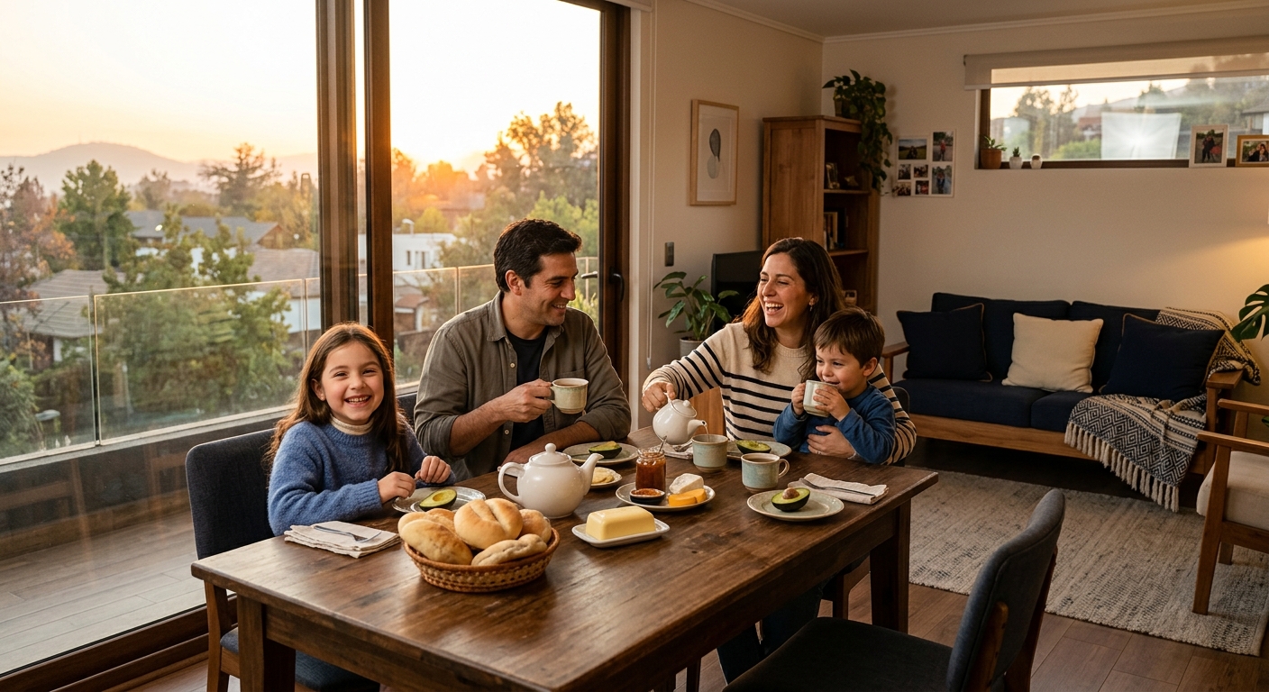 Familia chilena disfrutando el living de su nueva casa propia junto a OKeyTuCasa